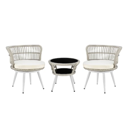 Manhattan Comfort Monaco Rope Wicker 3-Piece Patio Conversation Set with Cushions in Cream OD-CV013-CR